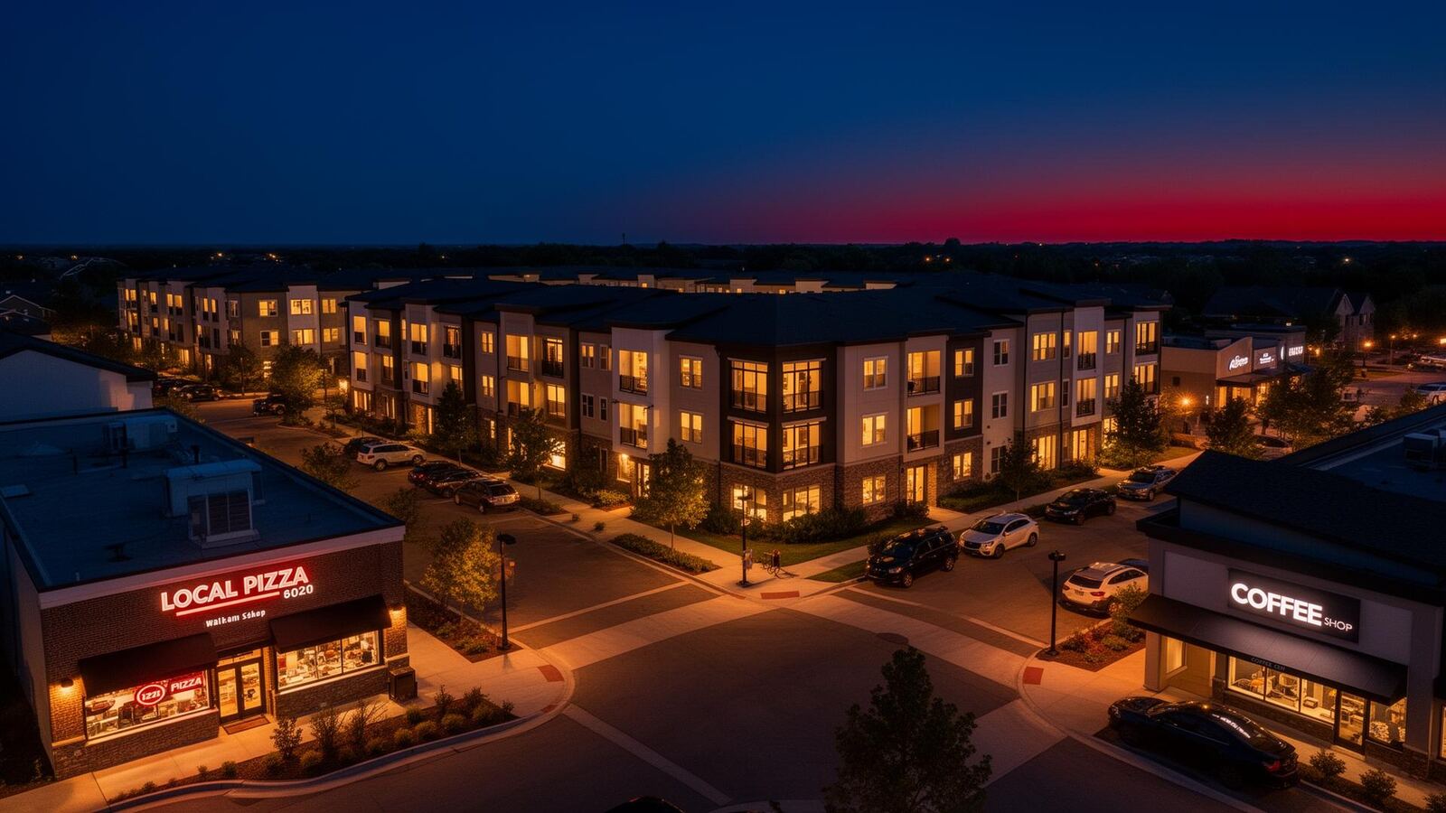 Apartment complex at dusk surrounded by local businesses within walking distance