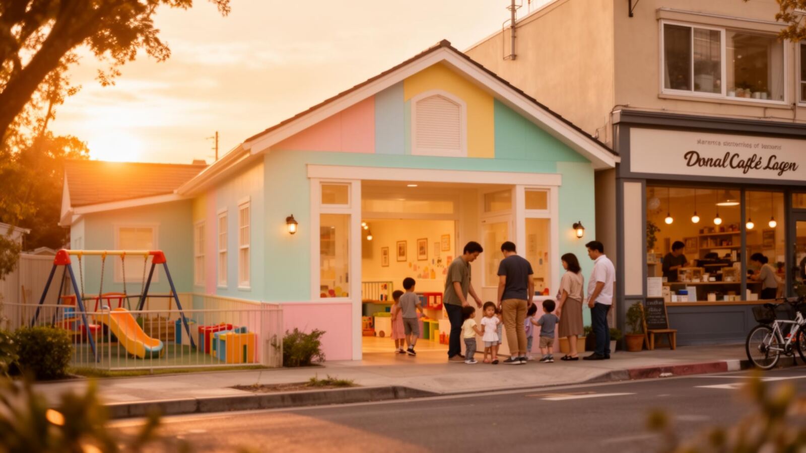 A warm welcoming daycare center at golden hour with families and a nearby local business