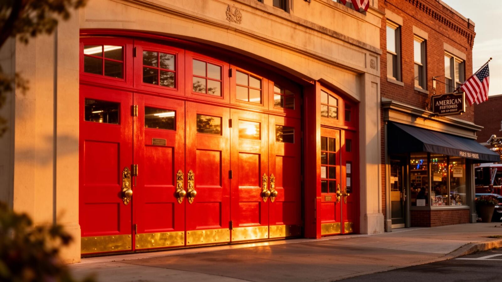 A warm community firehouse station at golden hour with bright red doors