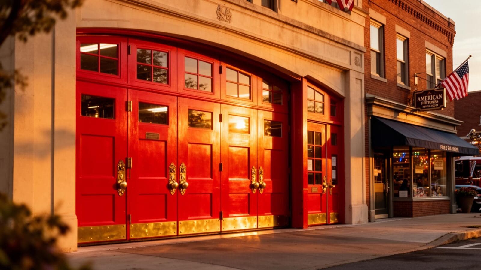 A warm community firehouse station at golden hour with bright red doors