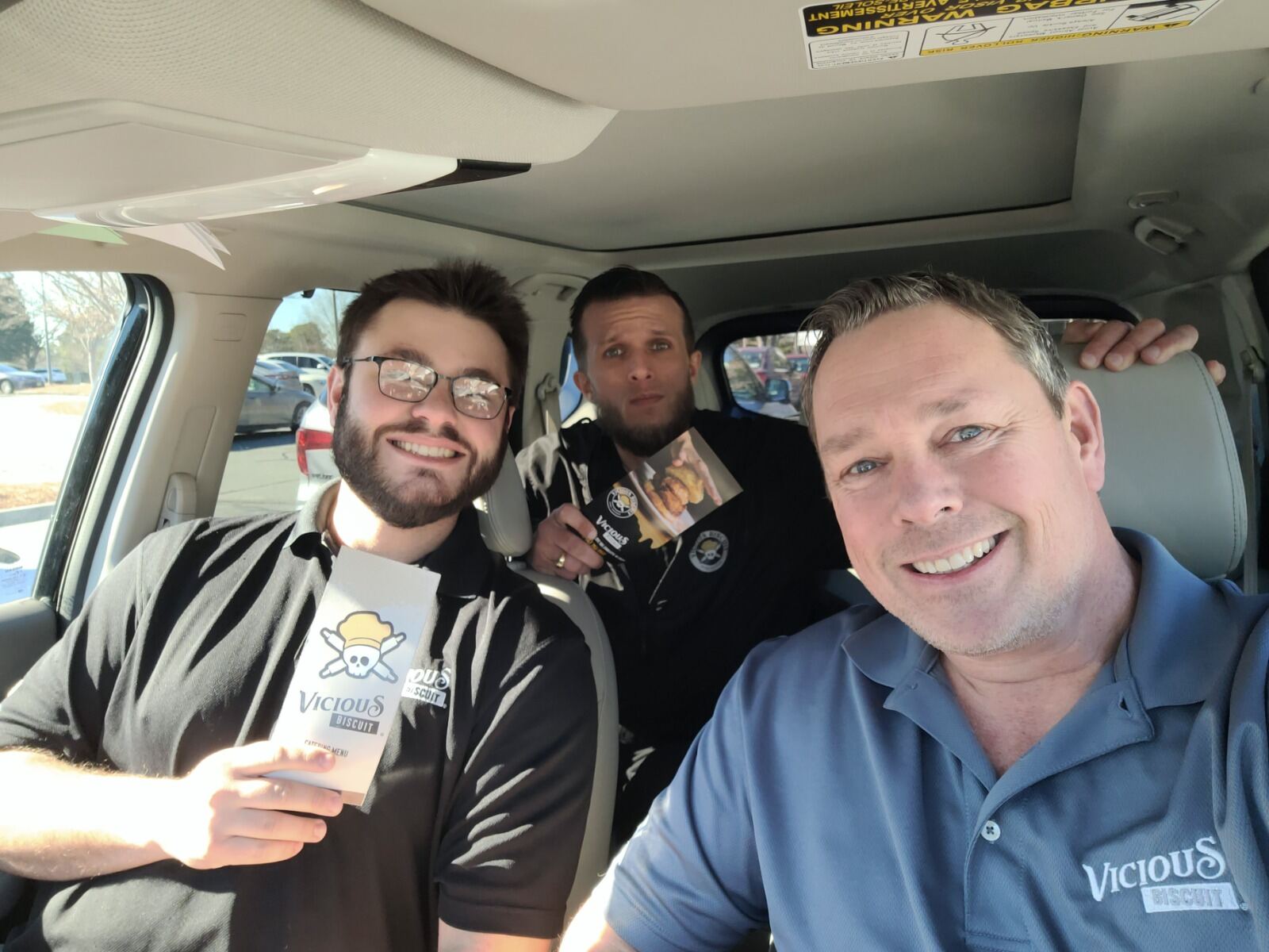 Vicious Biscuit reps mid-route handing out catering menus