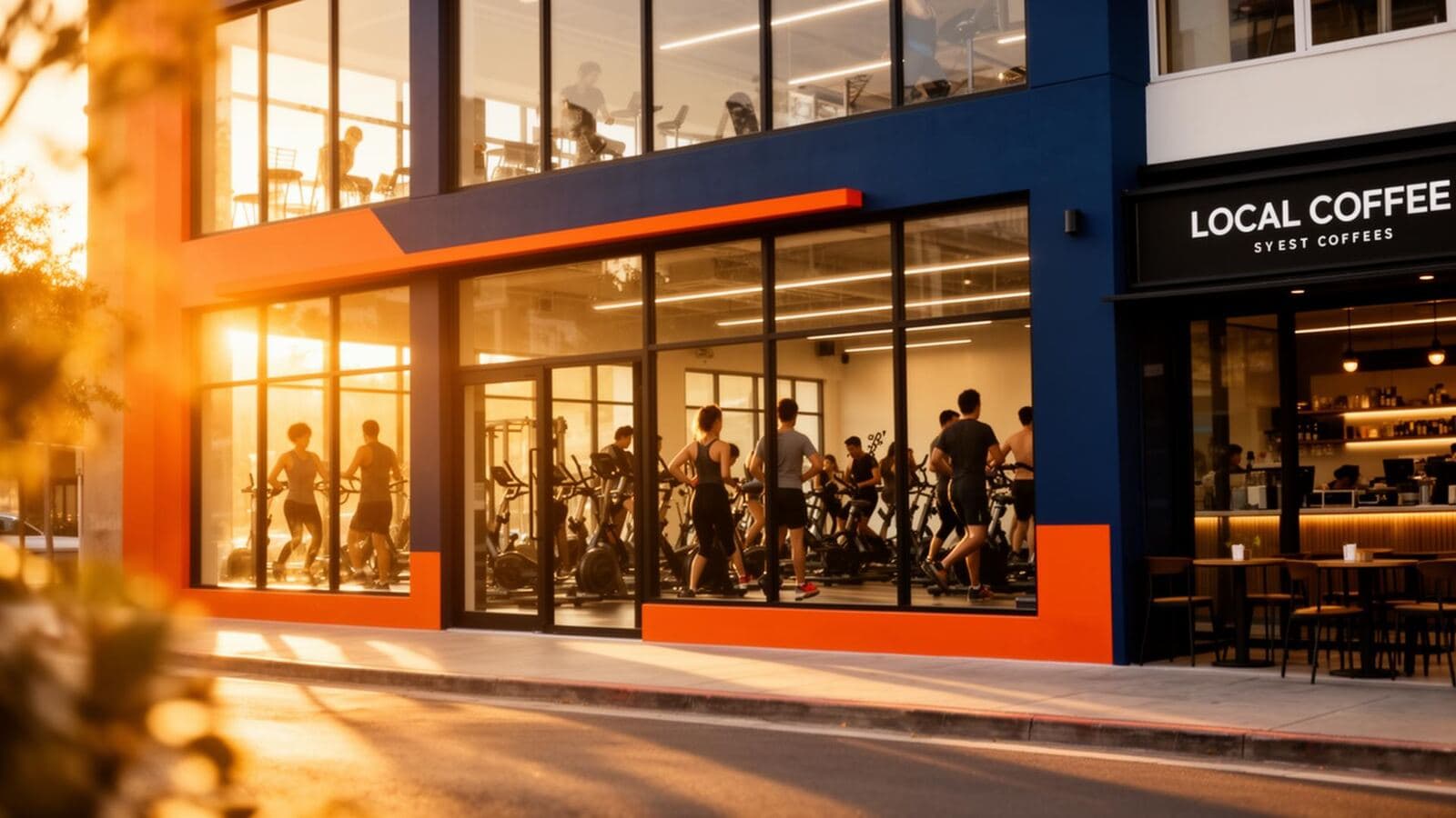 A bright modern fitness studio at golden hour with warm interior lighting and a nearby local business storefront