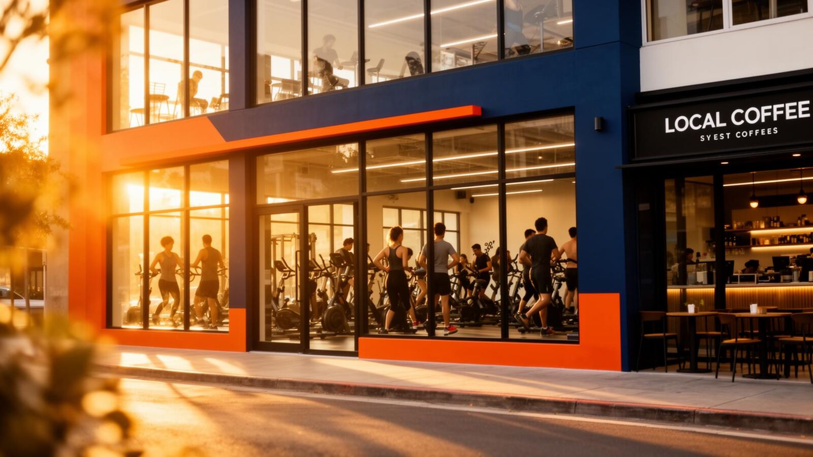 A bright modern fitness studio at golden hour with warm interior lighting and a nearby local business storefront