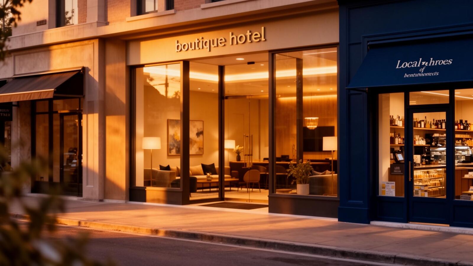 A warm boutique hotel entrance at golden hour with soft interior lighting and a nearby local business storefront