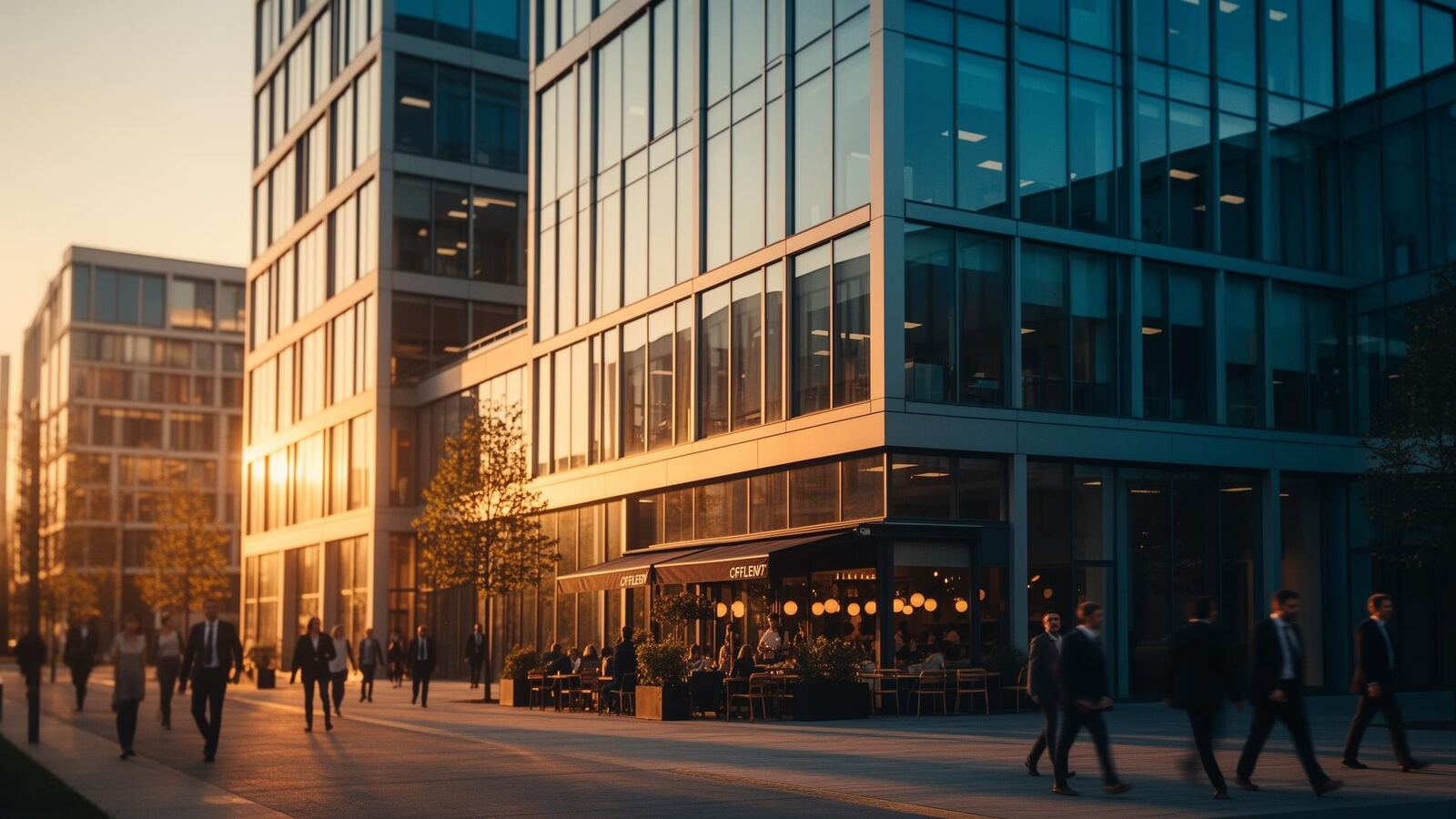 A modern office building at golden hour with glass windows and a local cafe on the ground floor