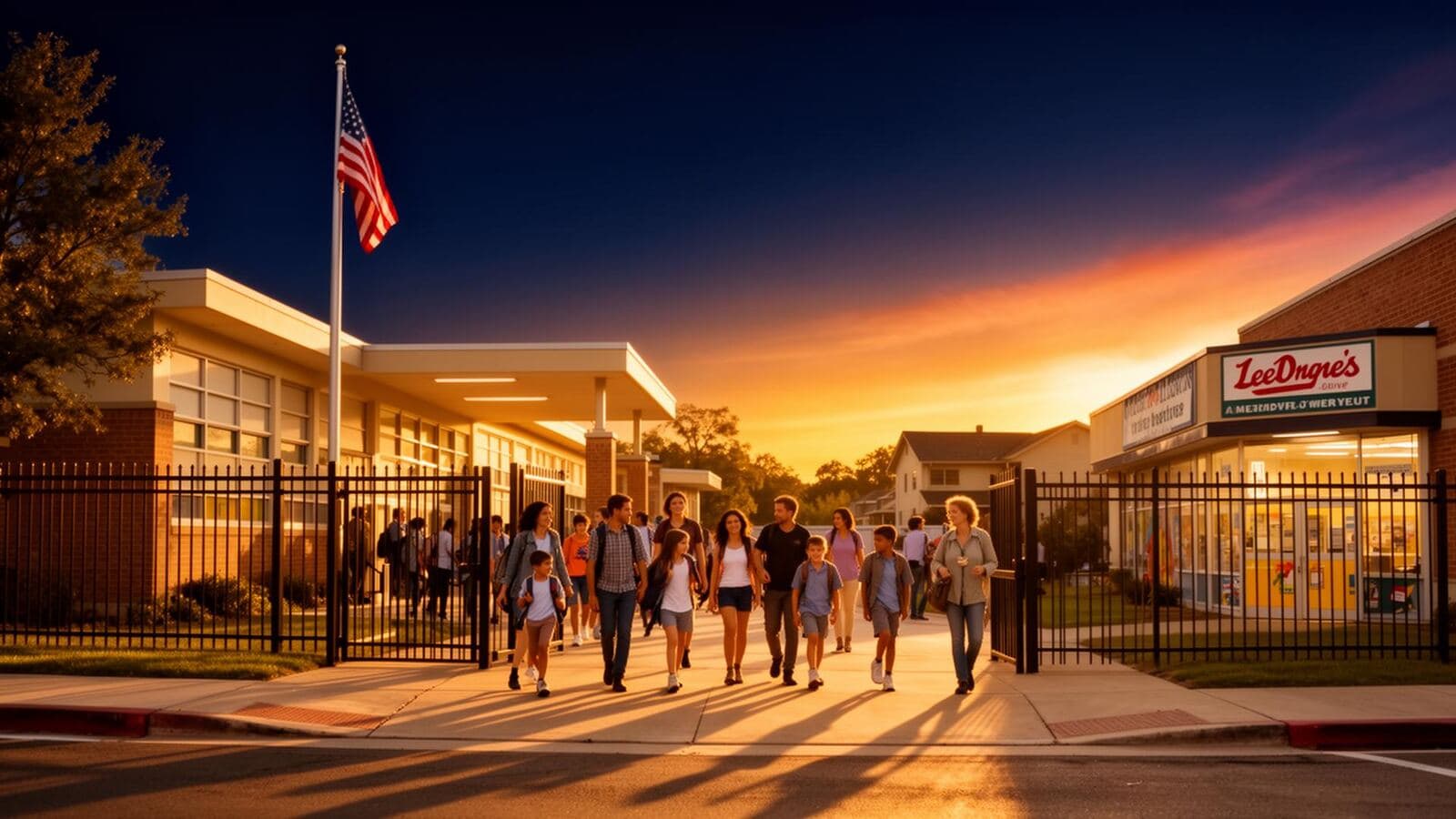 Local neighborhood school at golden hour with families heading home past a small business storefront
